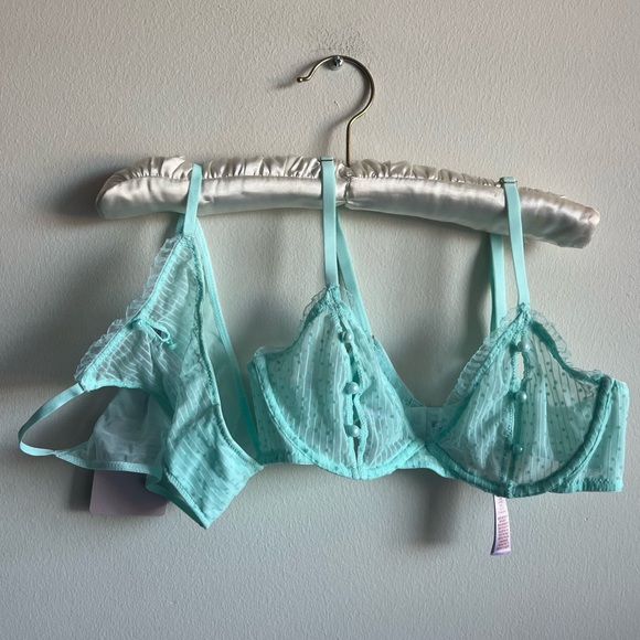 NWT Savage x Fenty lingerie - bra (34B) + panty (XS)- sheer turquoise lace pearl - Picture 2 of 12